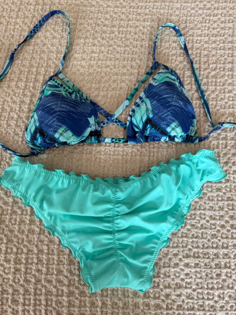 Aqua & Navy Printed Triangle Bikini Set